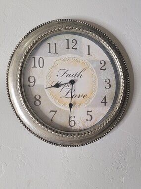 Farmhouse Wall Clock Faith Hope Love Lightweight Silver Frame Decor 12”